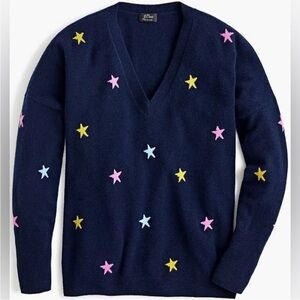 J. Crew Cashmere Sweater Navy VNeck Sweater with Stars Size Medium 100% Cashmere